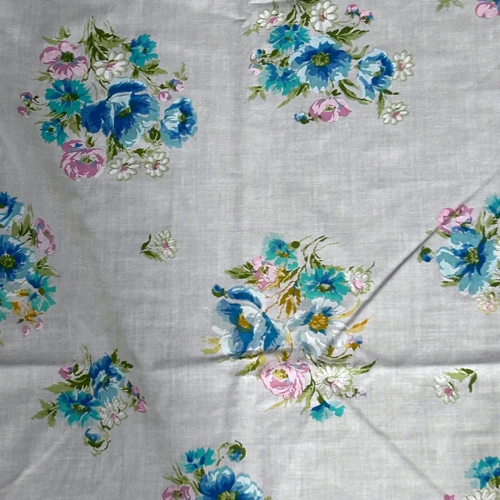 Vintage Springmaid Marvelaire Twin Flat Sheet White Blue Pink Floral Muslin USA